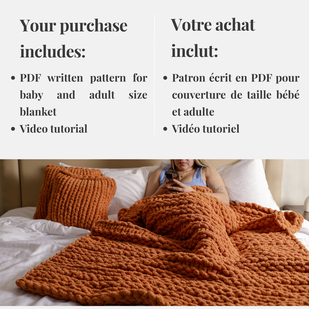 Chunky hand-knitted blanket, "Double Garter" pattern — PDF pattern + Video tutorial